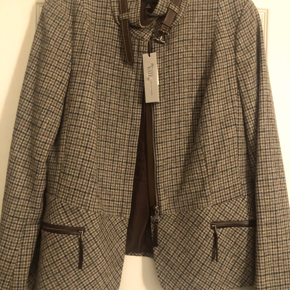Talbots Full Zip Houndstooth Blazer with Leather Trimmed Collar